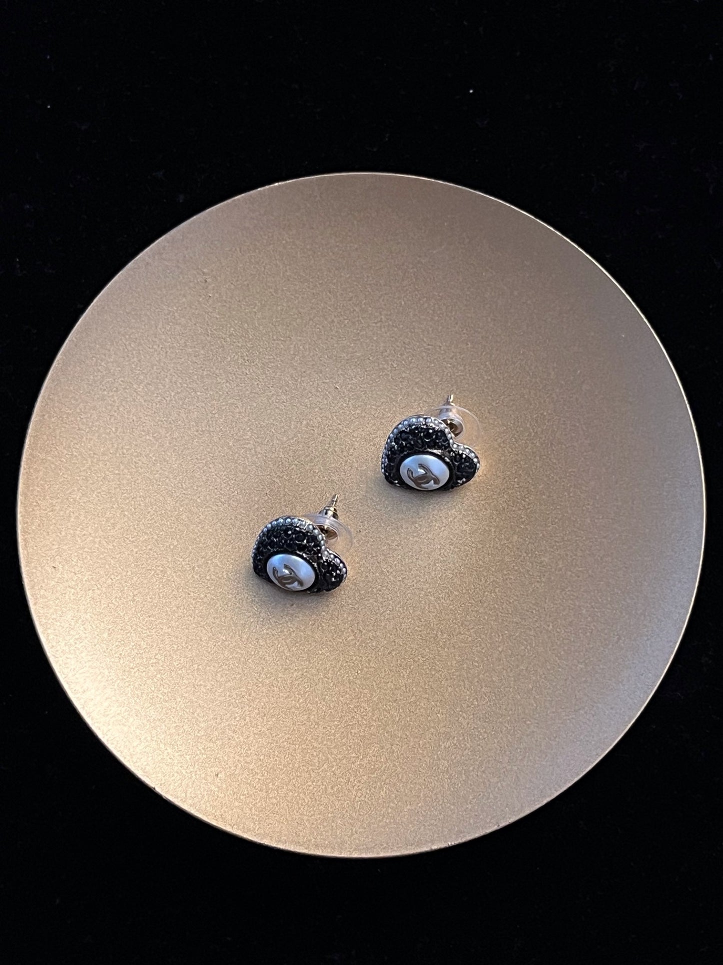 Chanel 2022 CC Black Crystal Heart Stud Earrings