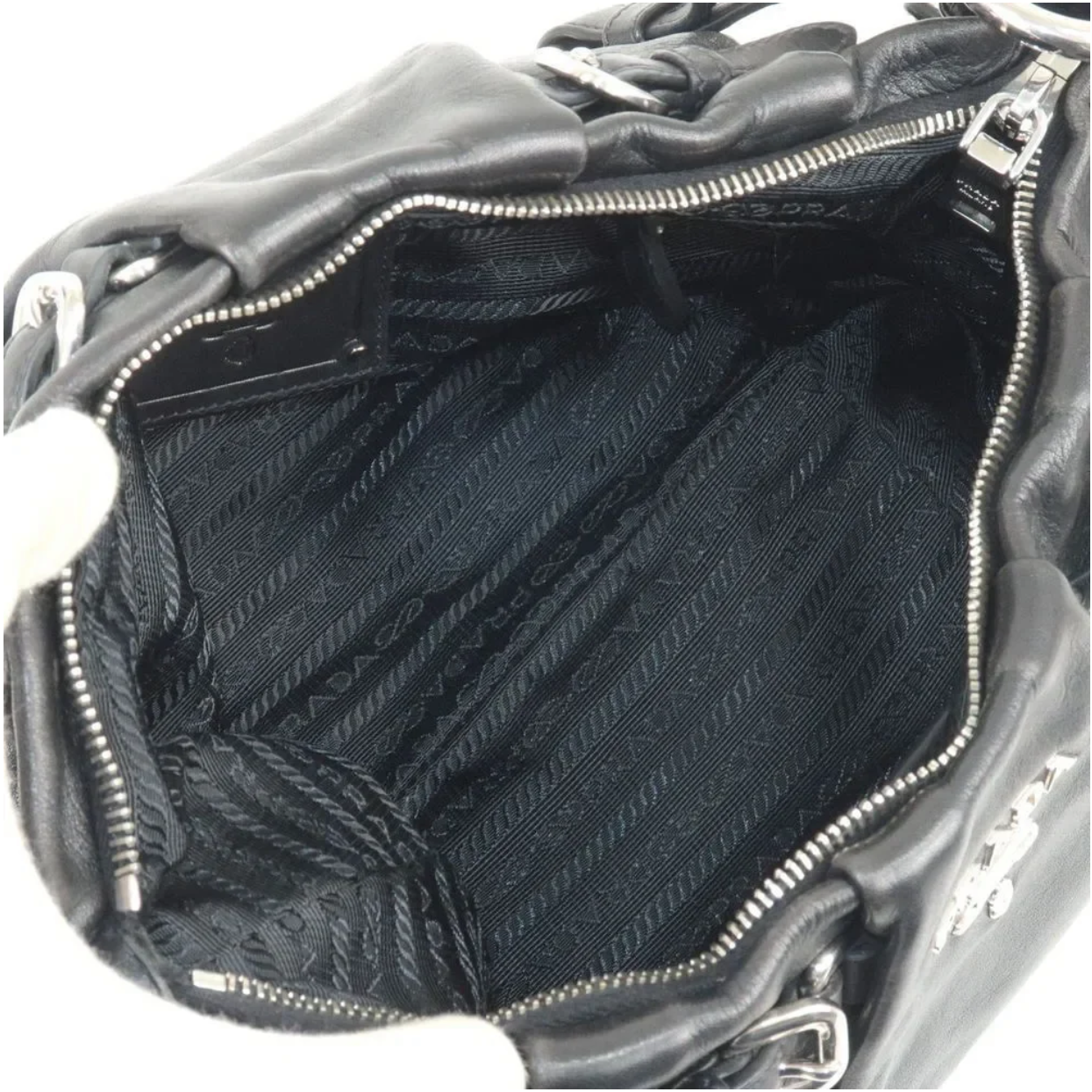 Vintage Prada Black Lambskin Ruched Shoulder Bag with Silver Hardware (Rare piece)