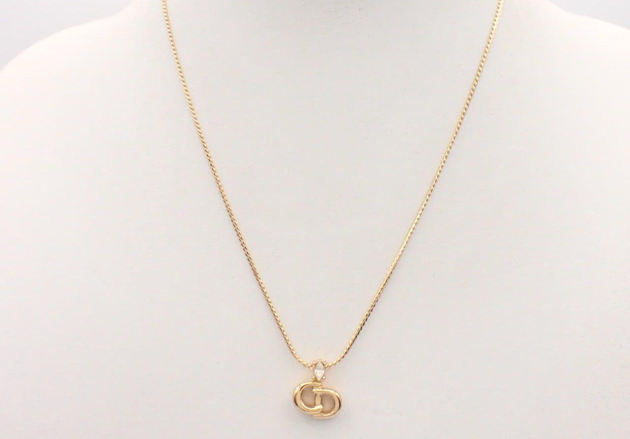 Vintage Dior Gold CD Logo Crystal Pendant Necklace