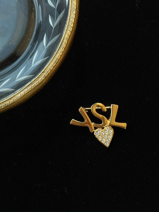 YSL Vintage Gold Logo &amp; Crystal Heart Brooch