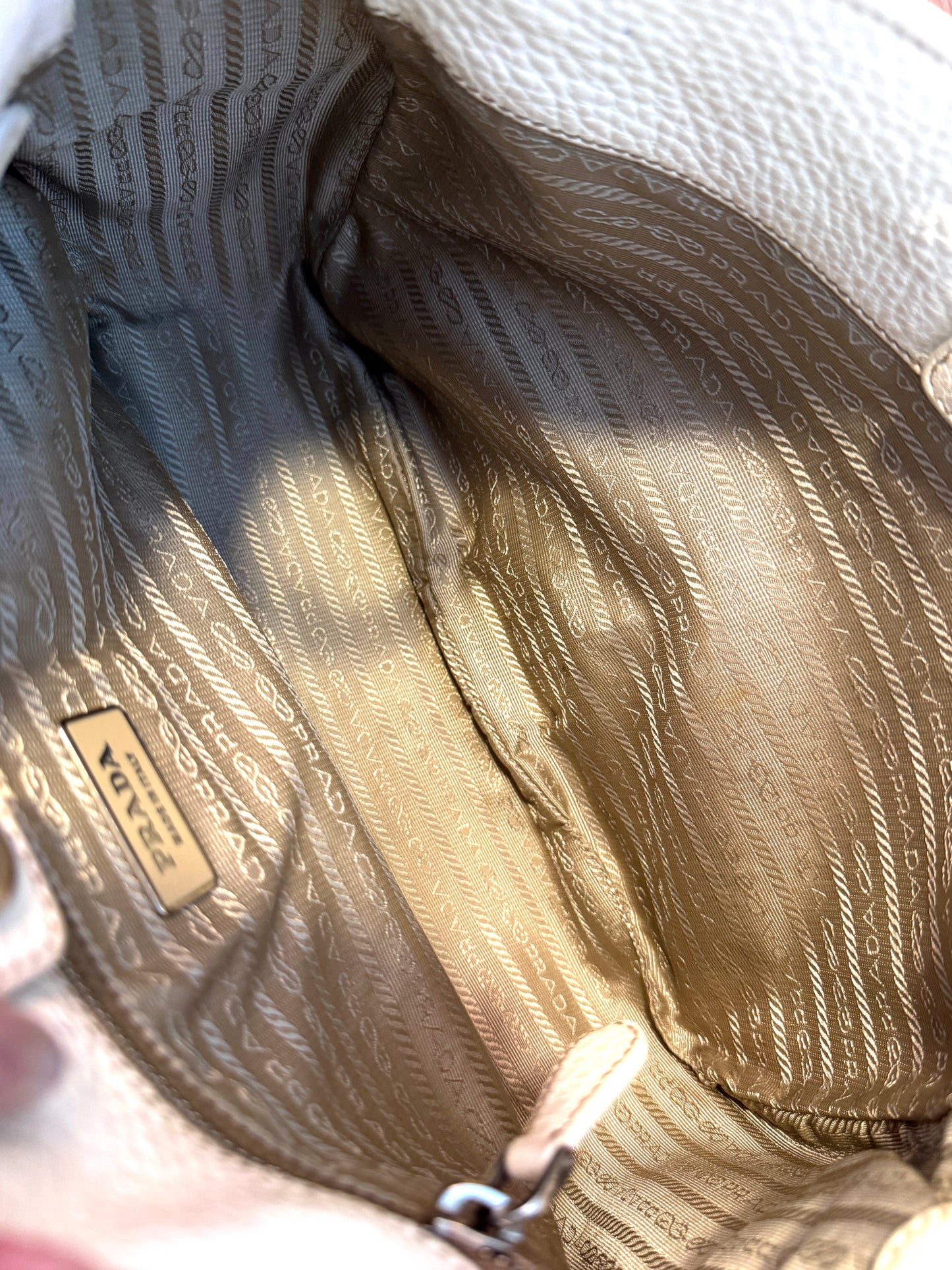 Vintage Prada Cream Pebbled Leather Shoulder Bag with Silver Hardware