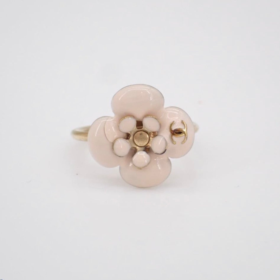 Vintage Chanel Cream Enamel Camellia Flower Ring