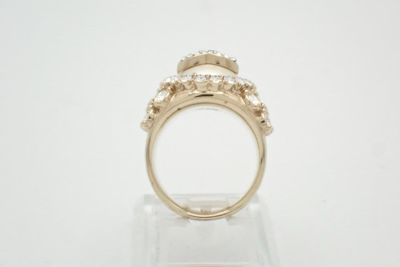 Chanel 2020 Gold-Tone CC Pearl Rhinestone Ring