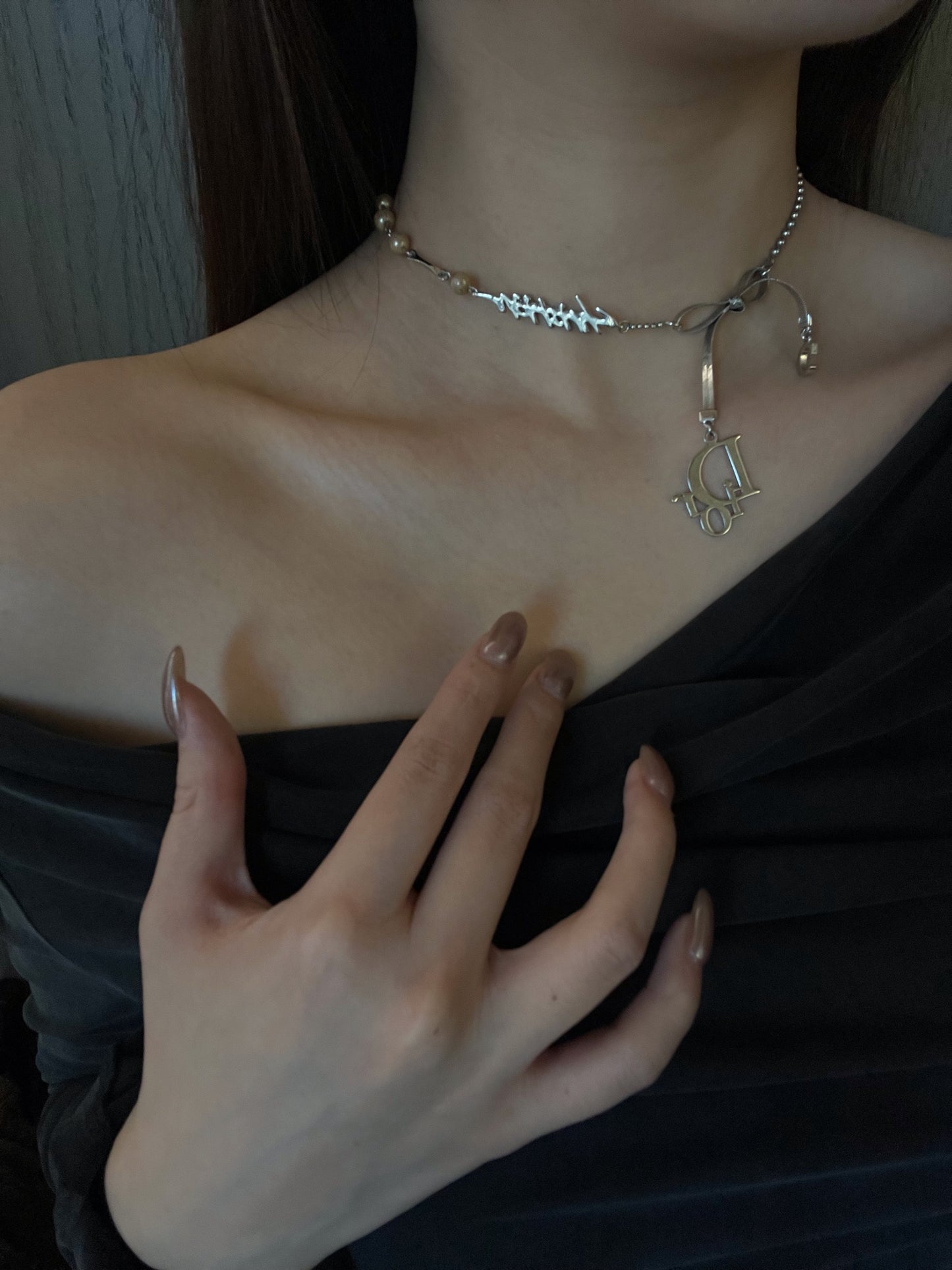 Dior Vintage Silver-Tone Bow & Pearl Choker Necklace