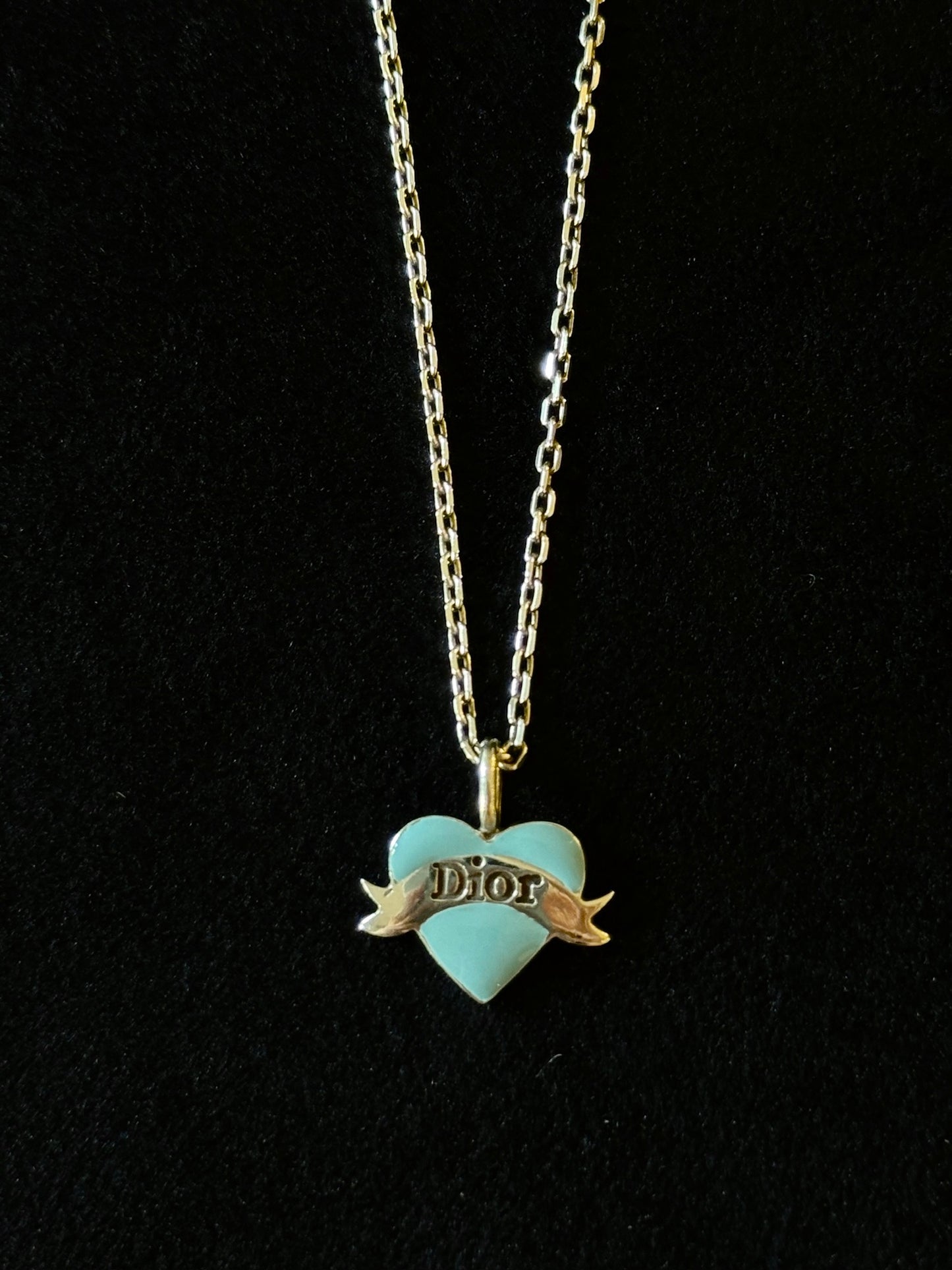 Dior Vintage Blue Enamel Heart Logo Pendant Necklace