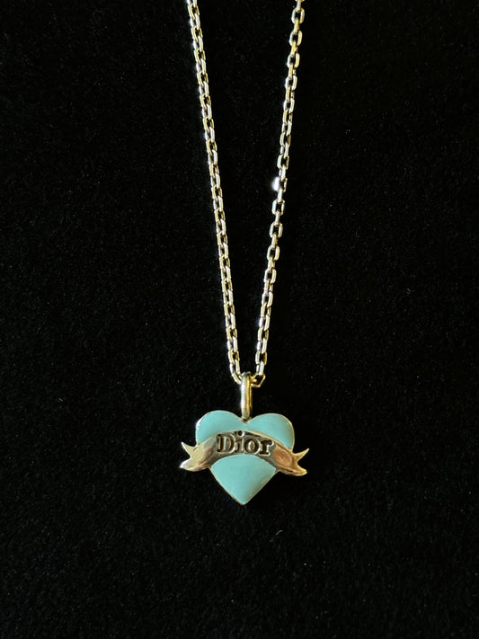 Dior Vintage Blue Enamel Heart Logo Pendant Necklace