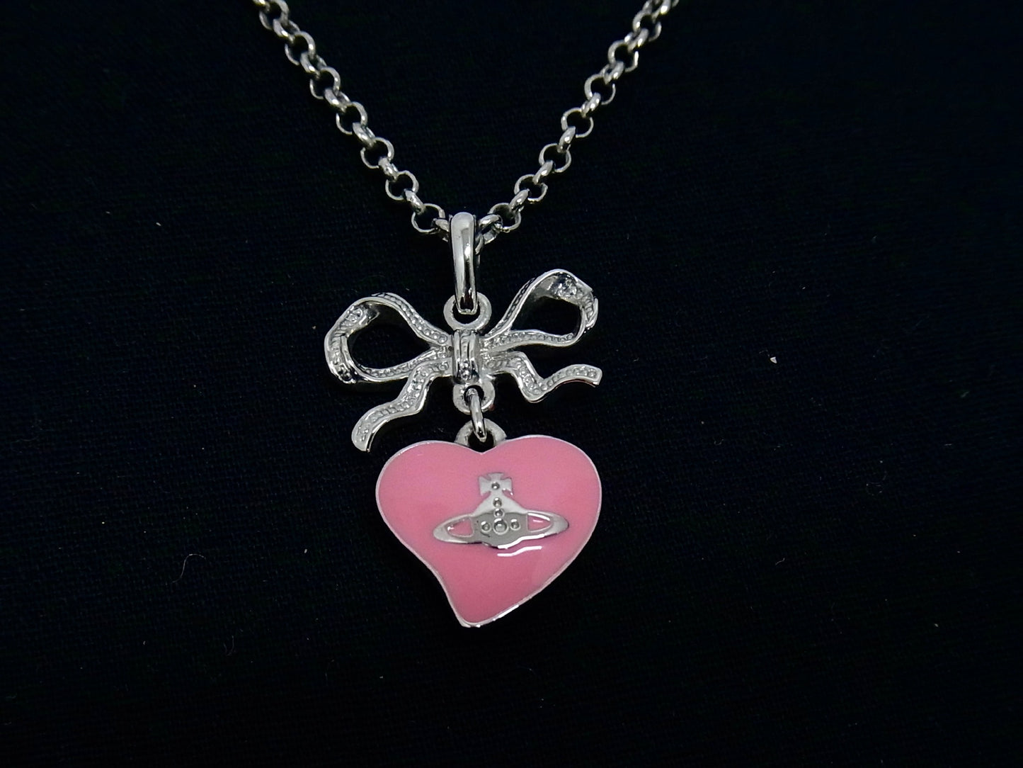 Vintage Vivienne Westwood Silver Bow Double-Sided Pink Heart Orb Necklace