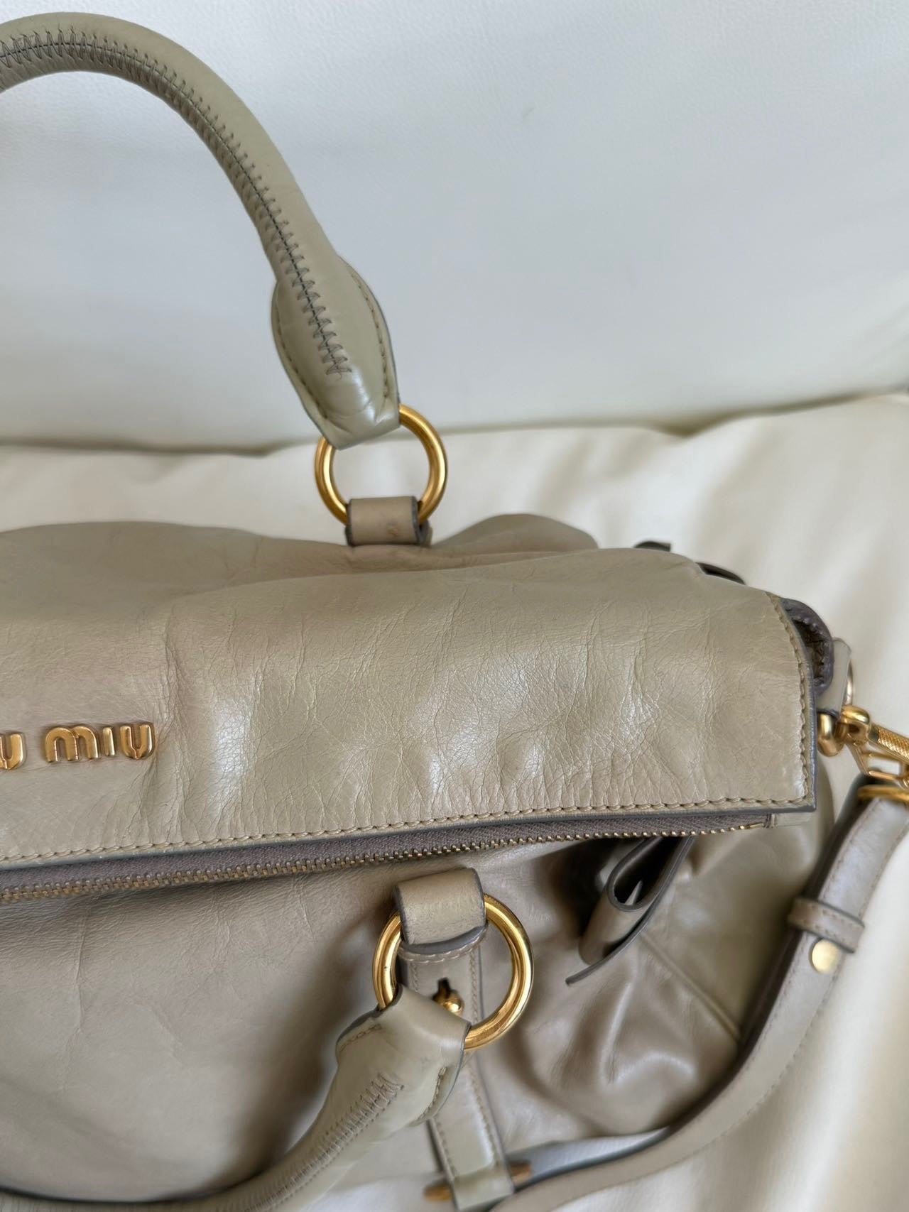 Miu Miu Vitello Lux Bow Satchel – Taupe Grey