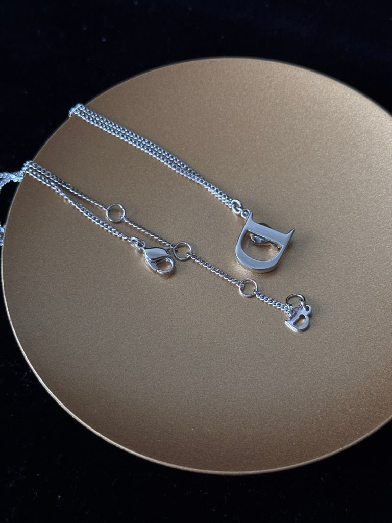 Vintage Dior Silver "D" Crystal Pendant Necklace