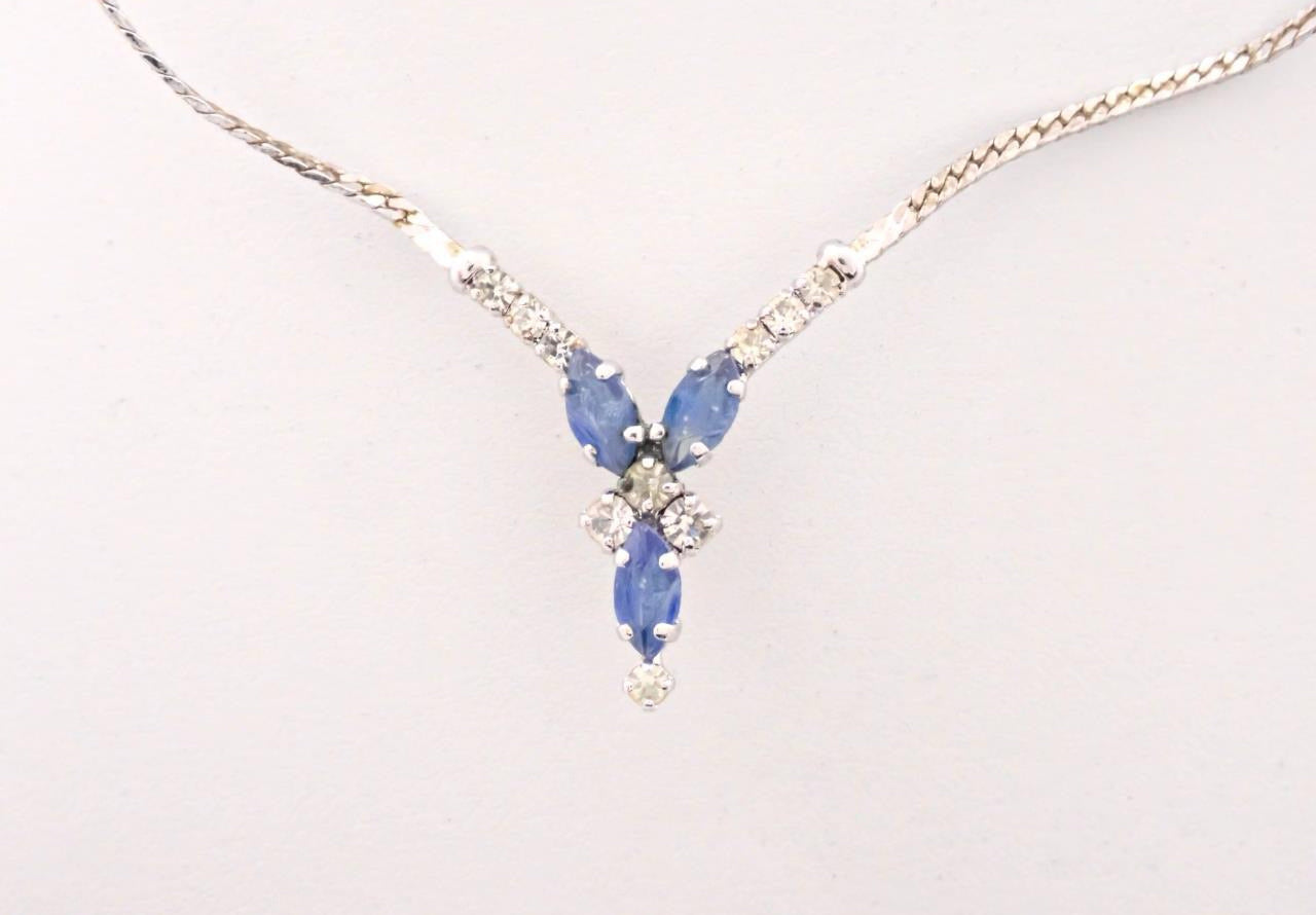 Vintage Dior Blue Crystal Drop Necklace – Silver Tone