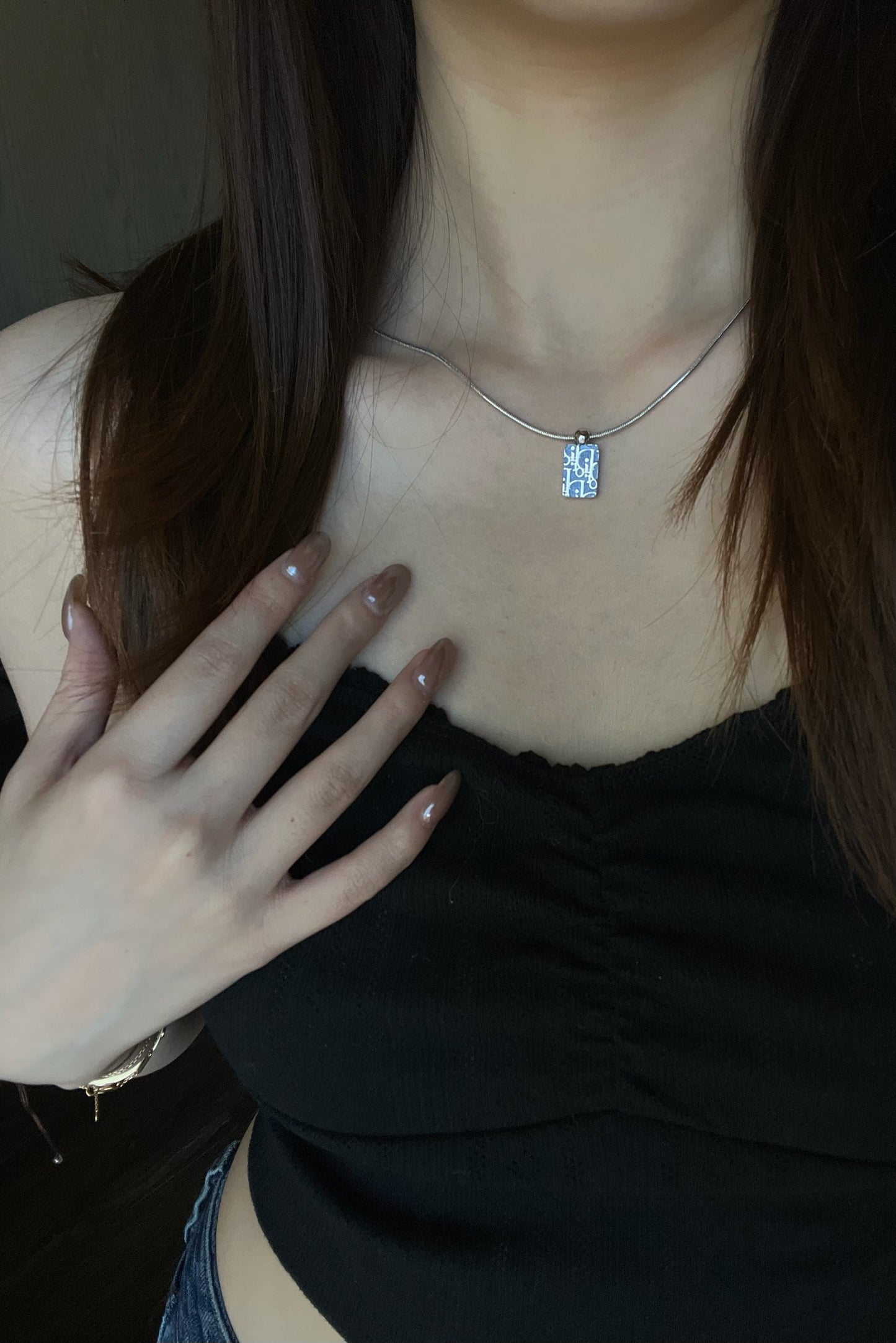 Dior Vintage Double-Sided Blue & Crystal Sports Tag Necklace