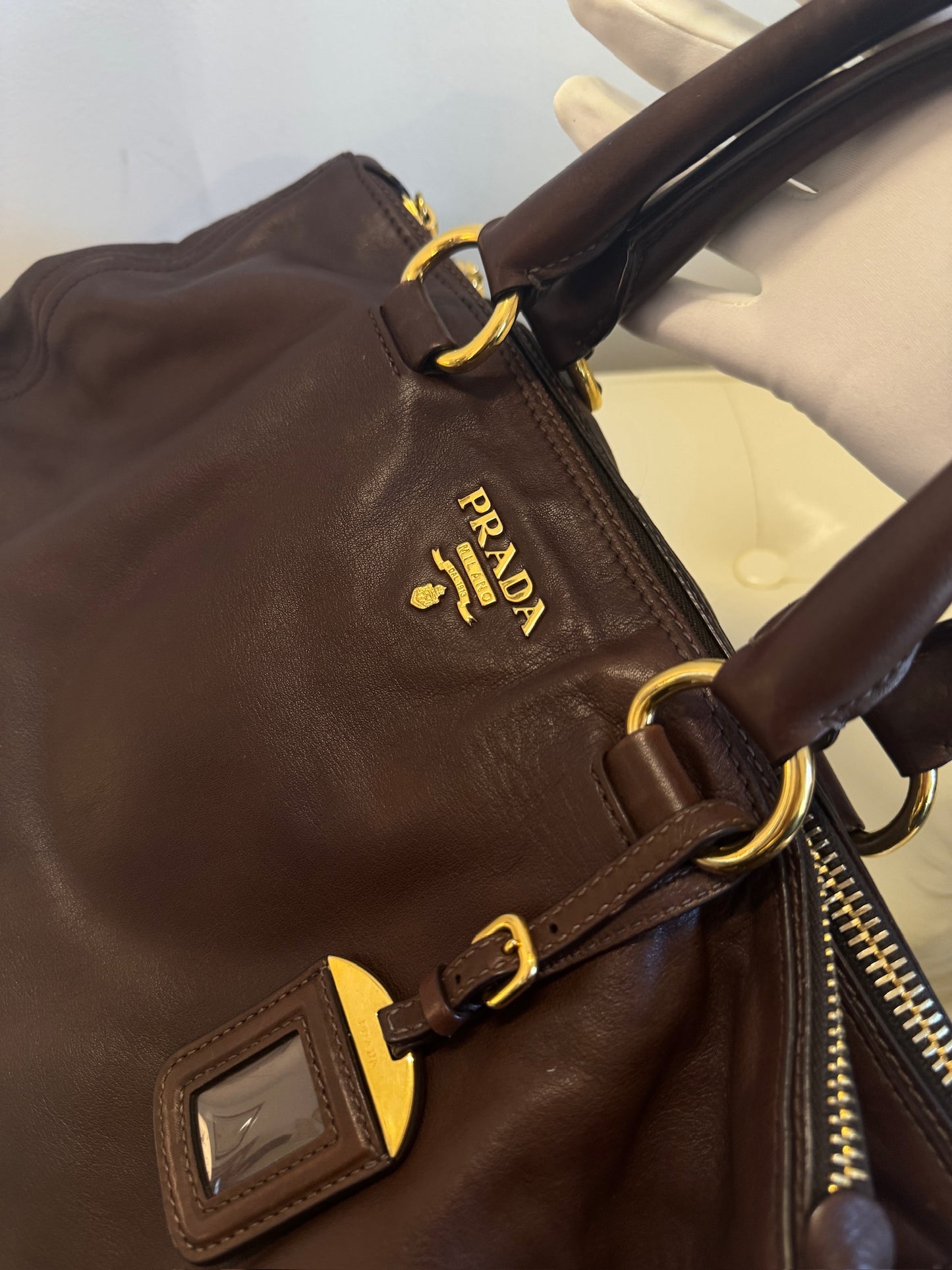 Prada Leather Top Handle Handbag – Dark Brown Large
