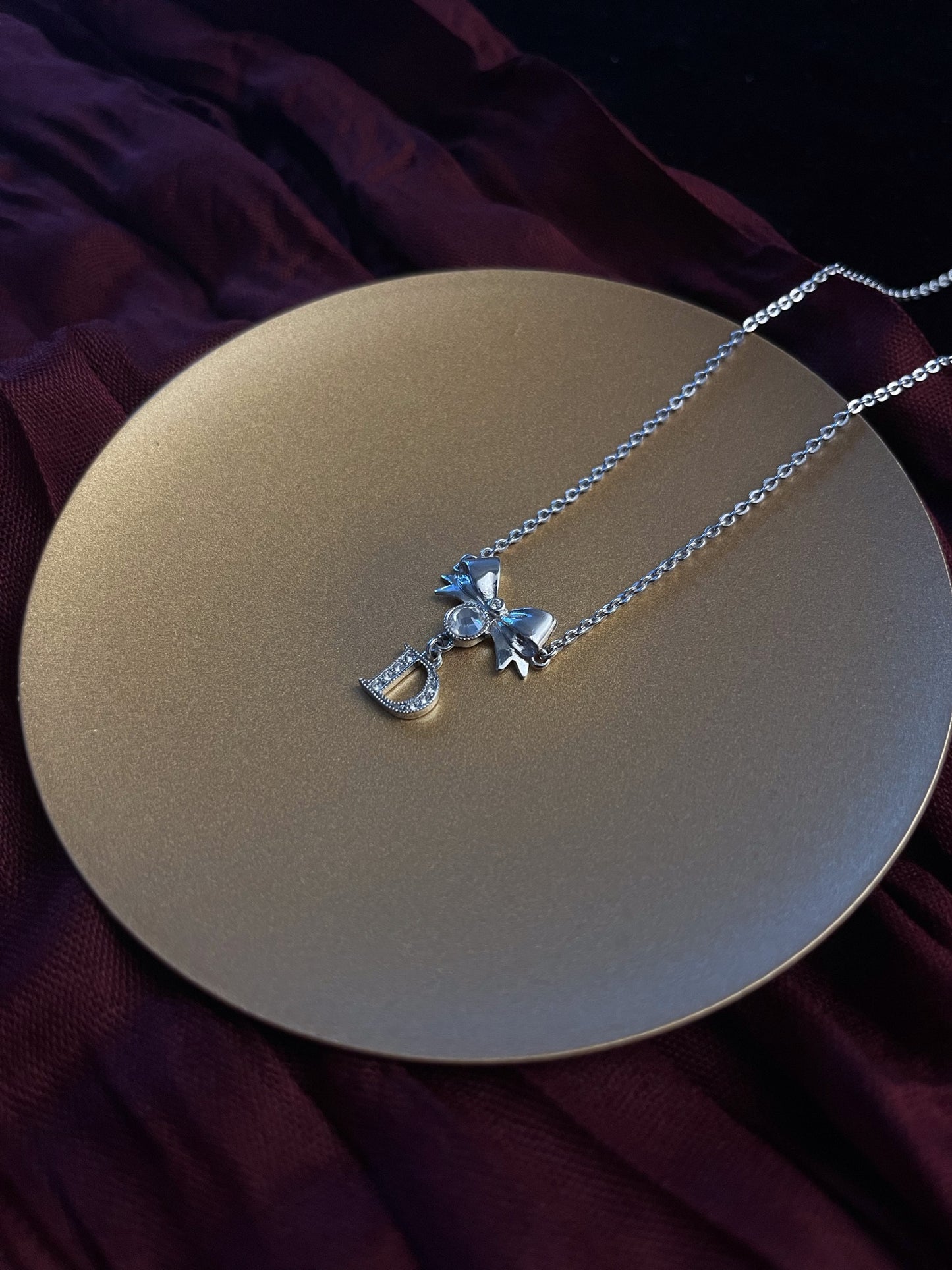 Vintage Dior Silver Bow & Crystal 'D’ Logo Pendant Necklace