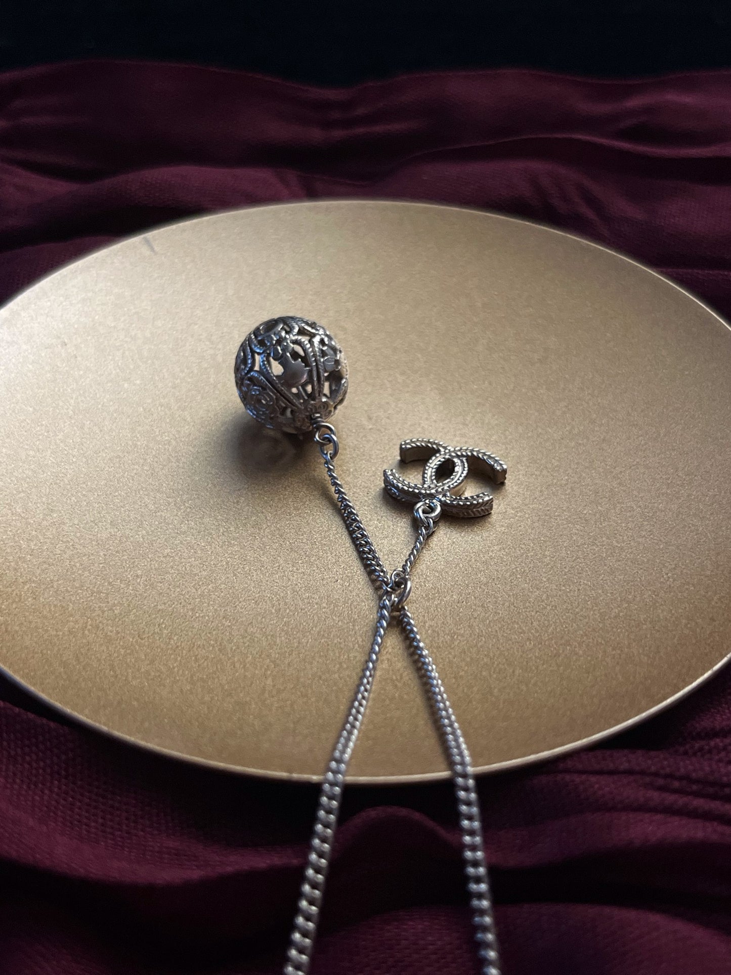 Chanel 2006 Champagne-Gold Filigree Sphere & CC Charm Necklace