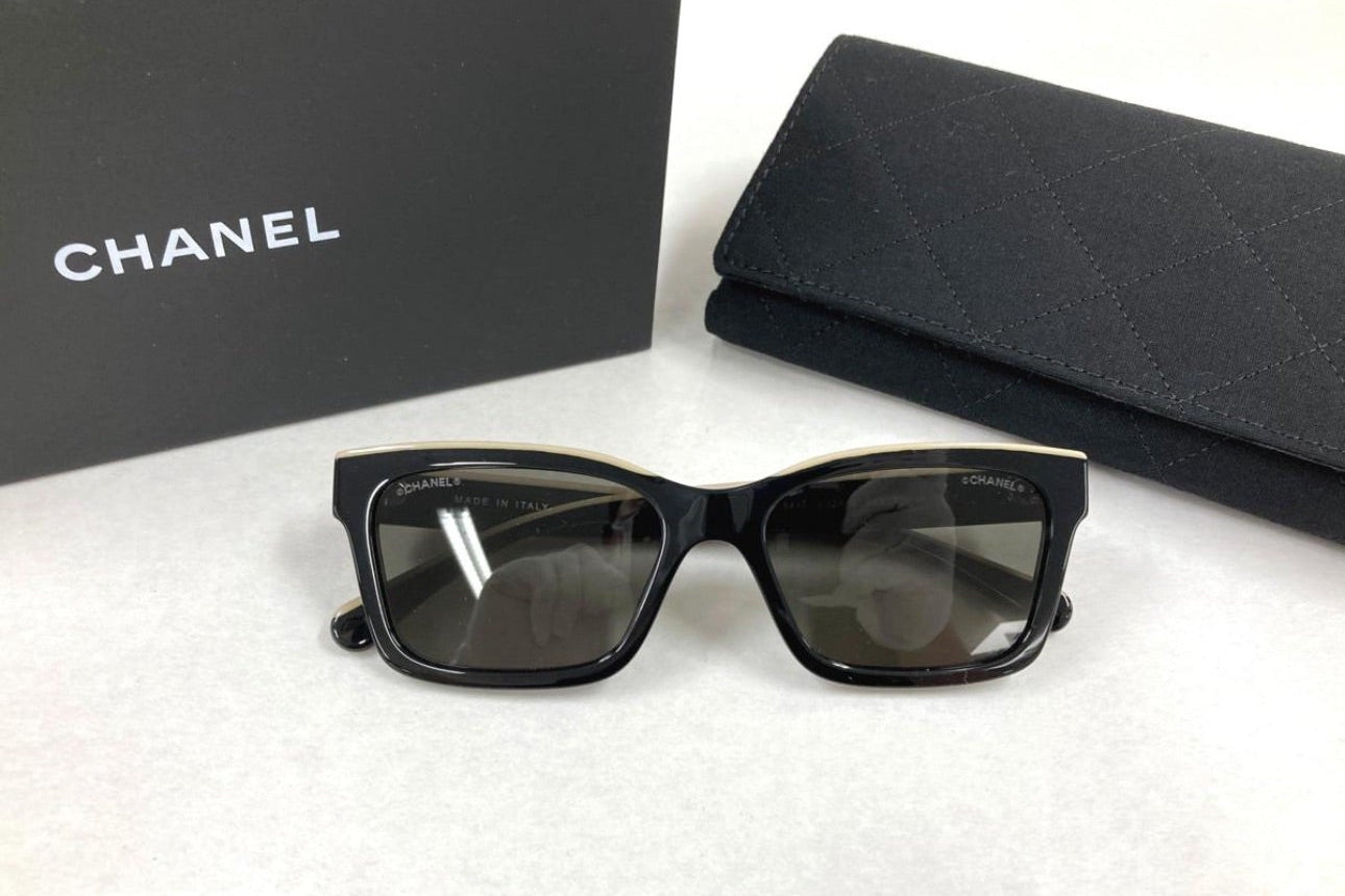 Chanel Vintage Black & Beige Two-Tone Logo Narrow Sunglasses