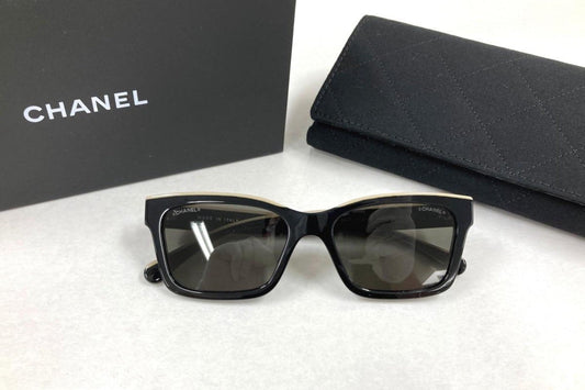 Chanel Vintage Black & Beige Two-Tone Logo Narrow Sunglasses