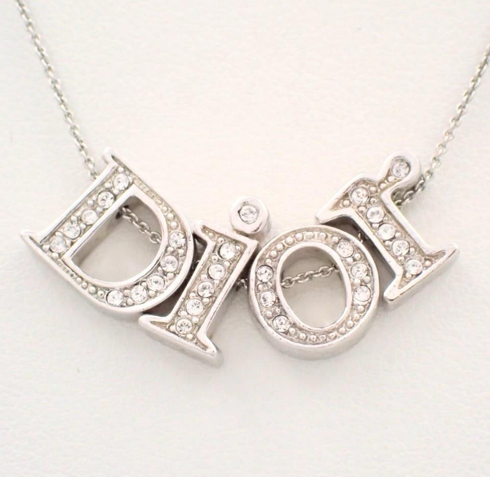 Vintage Dior Thick Silver Crystal Logo Necklace