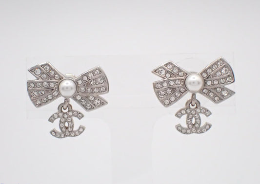 Chanel 2023 Crystal Bow & Pearl Drop Earrings