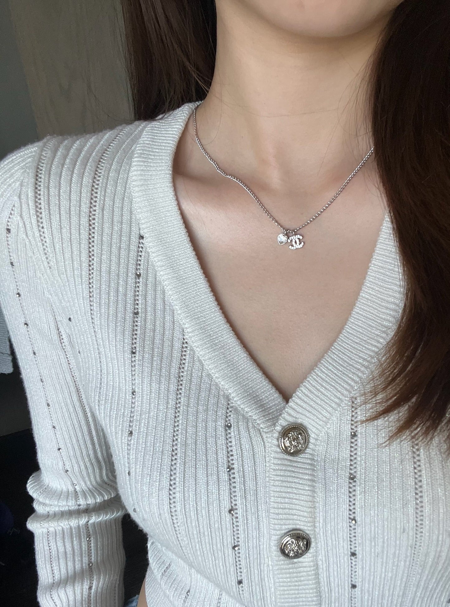Chanel 2005 Silver Heart CC Choker Necklace