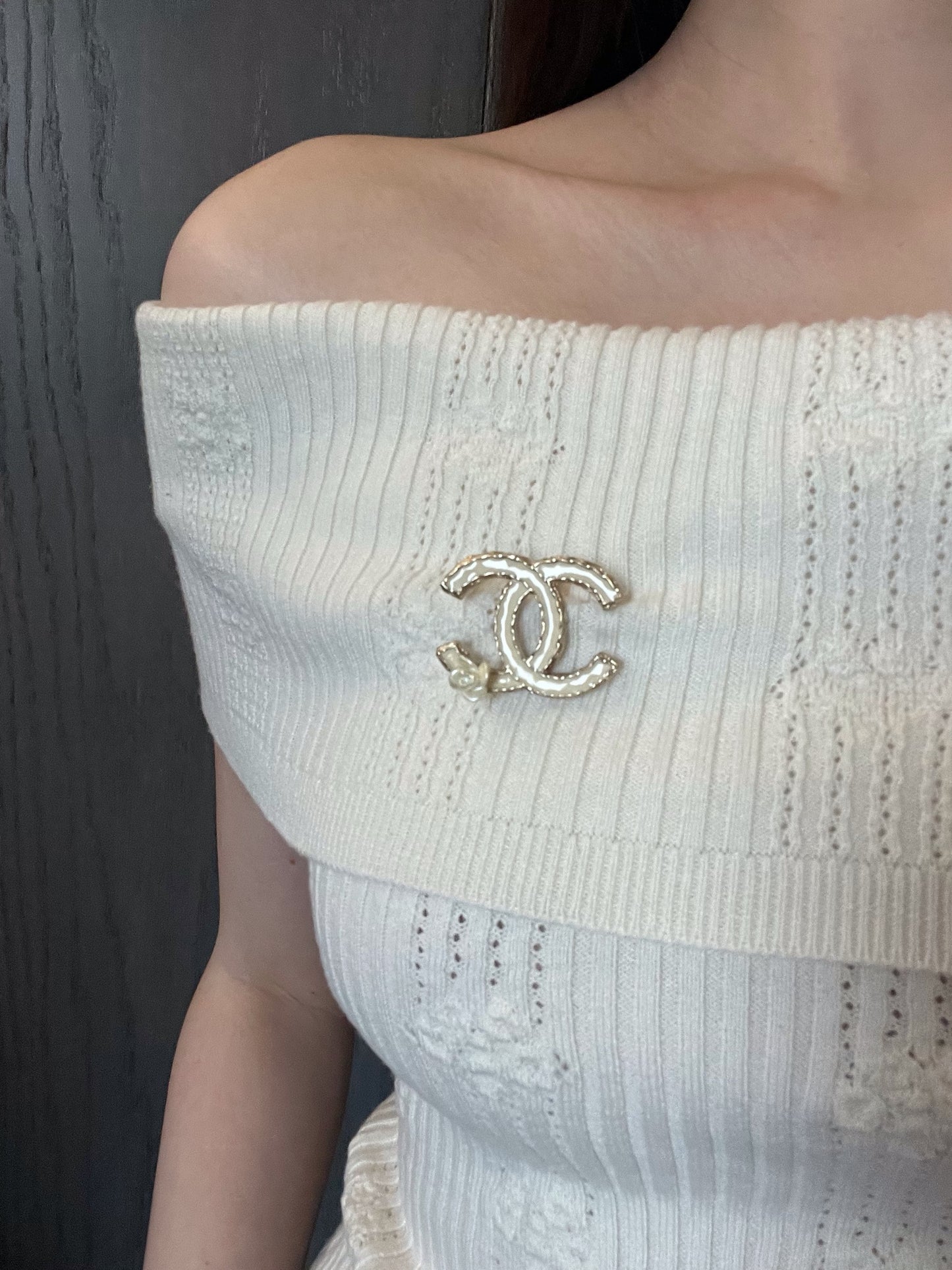 Chanel 2012 Pearl-White Gold-Edged Camellia Brooch