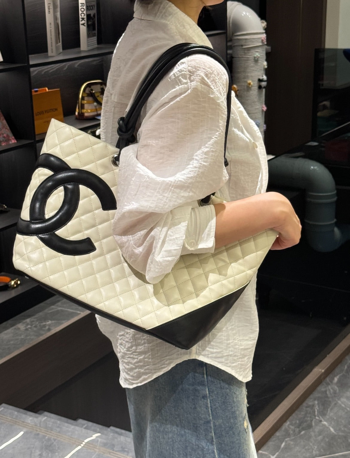 Chanel Cambon Ligne Quilted Tote – White & Black