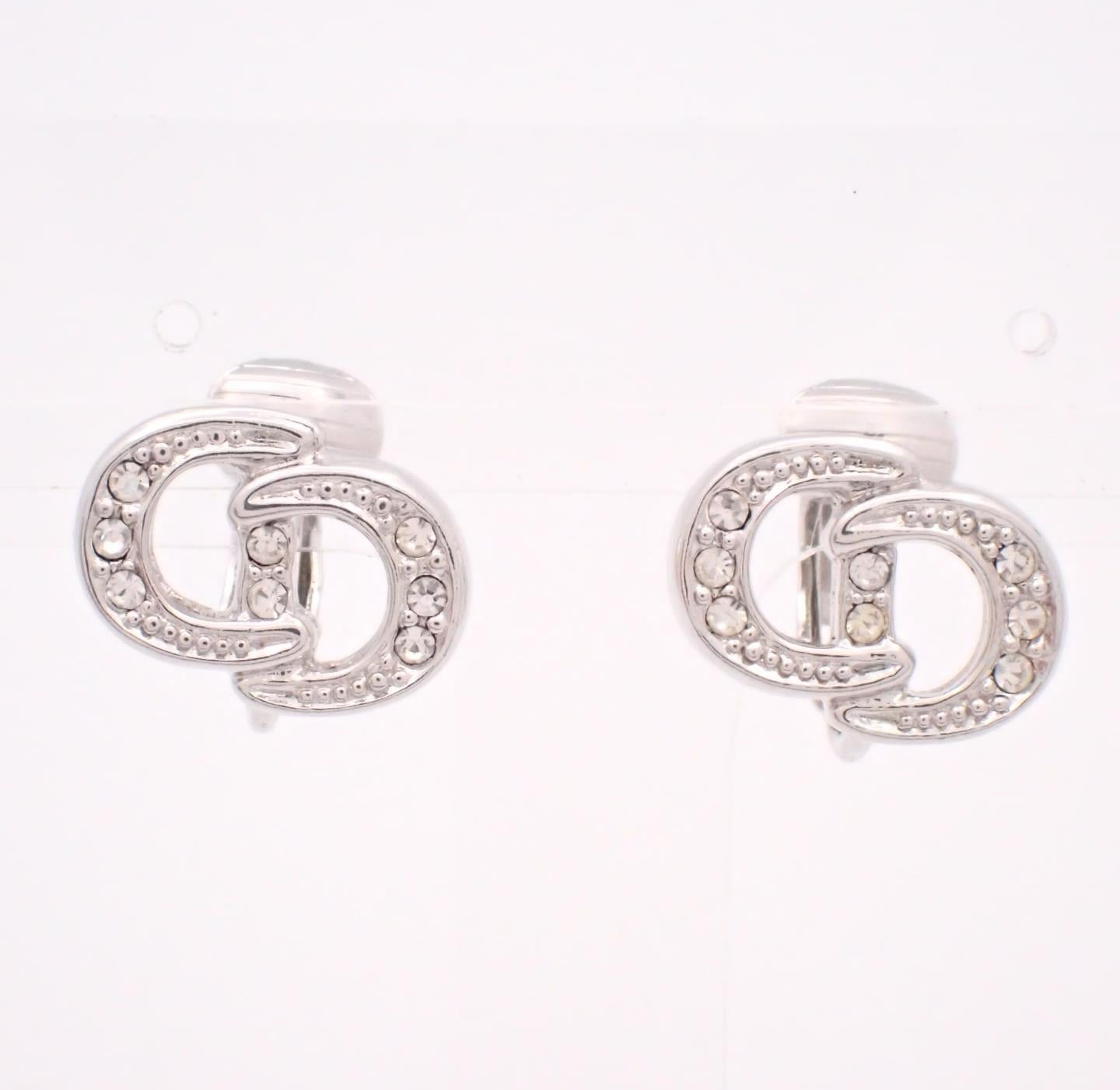 Vintage Dior Silver Crystal CD Clip-On Earrings