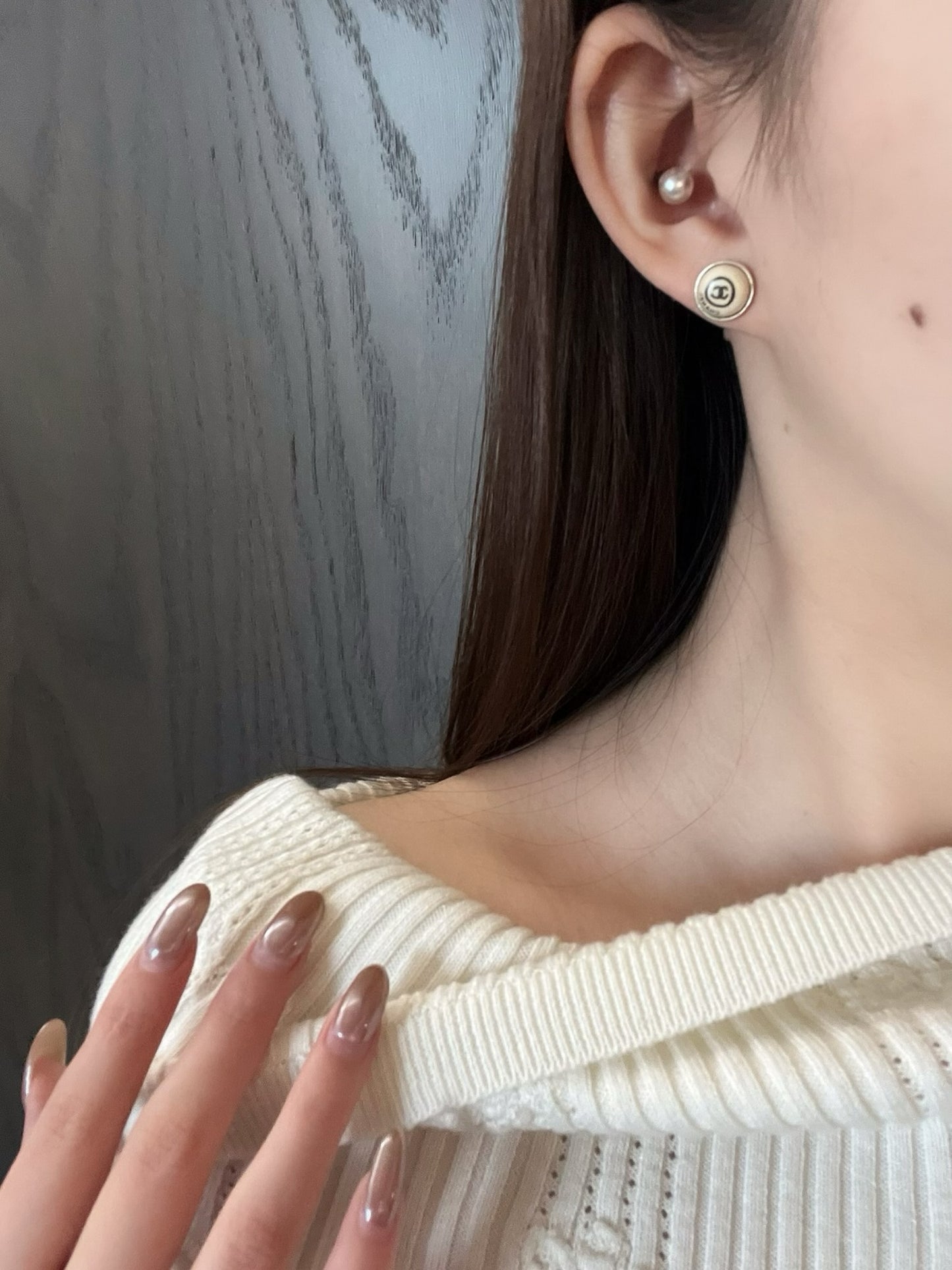 Chanel 2000 Cream White CC Sweet Bean Stud Earrings