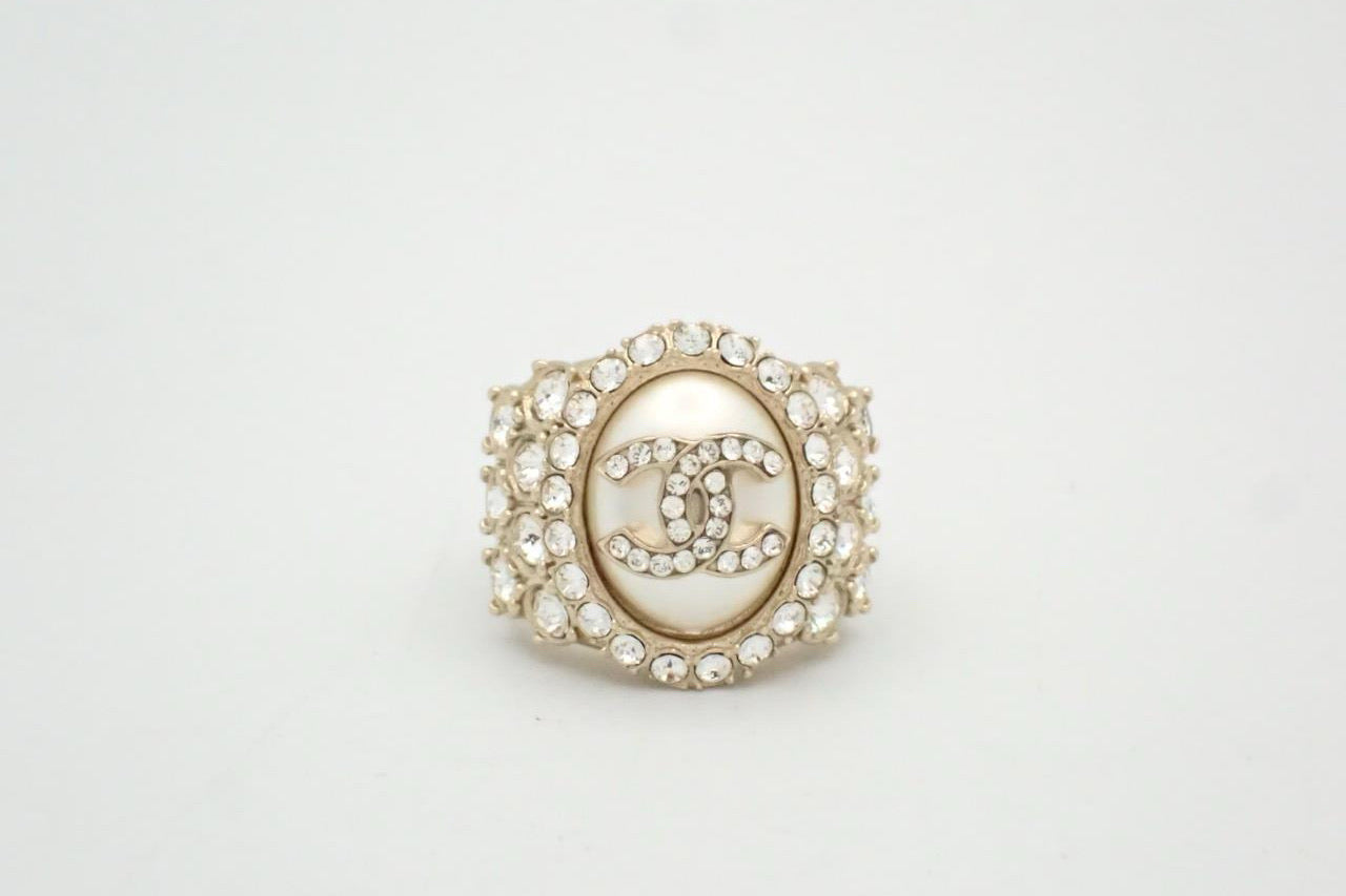 Chanel 2020 Gold-Tone CC Pearl Rhinestone Ring