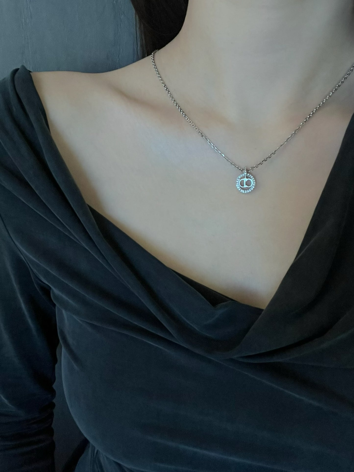 Dior Vintage Silver-Tone CD Crystal Circle Necklace