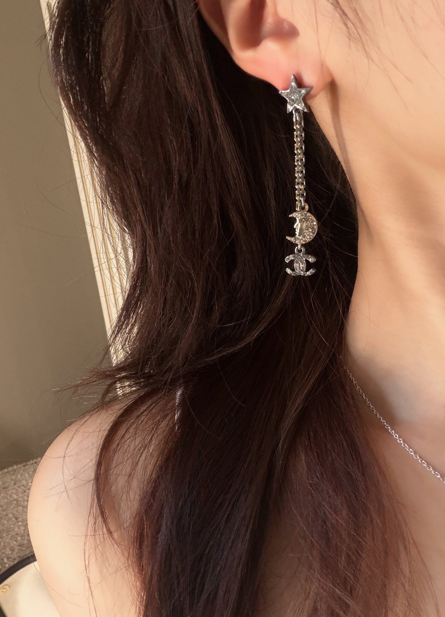 Chanel 2017 Crystal Star & Moon Drop Earrings