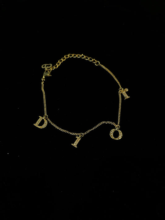 Dior Vintage Gold-Tone&Crystal Logo Chain Bracelet
