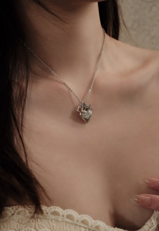 Dior Vintage Silver Heart Pendant Necklace with Pearl Charms