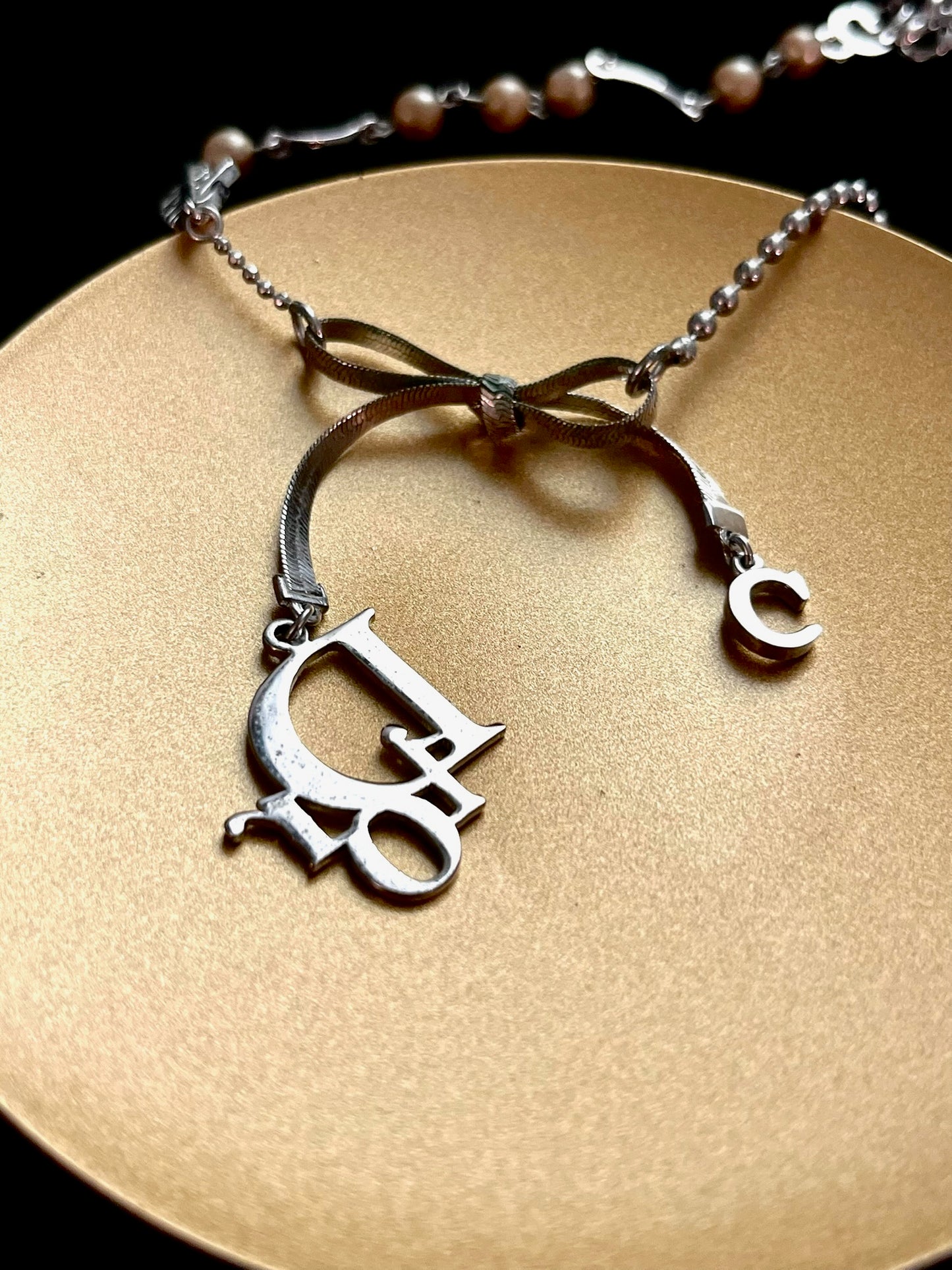 Dior Vintage Silver-Tone Bow & Pearl Choker Necklace