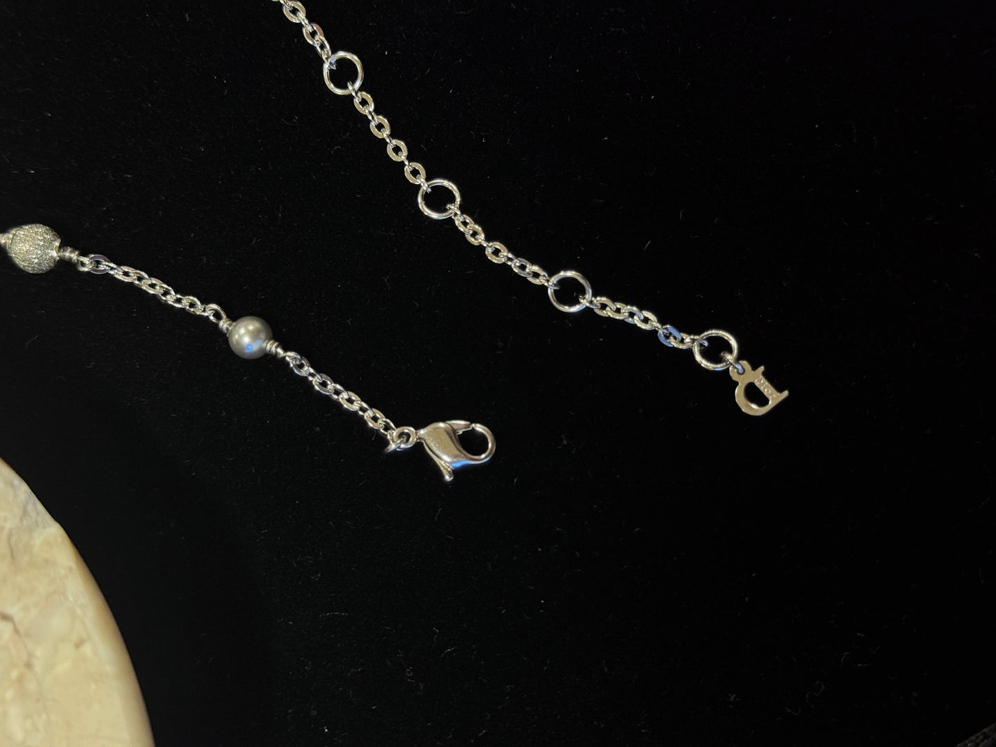 Vintage Dior Crystal Logo Charm Necklace – Silver Tone