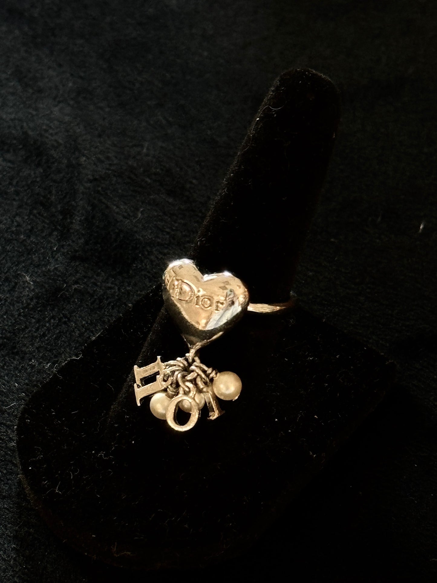 Christian Dior Heart Logo Pearl Charm Ring