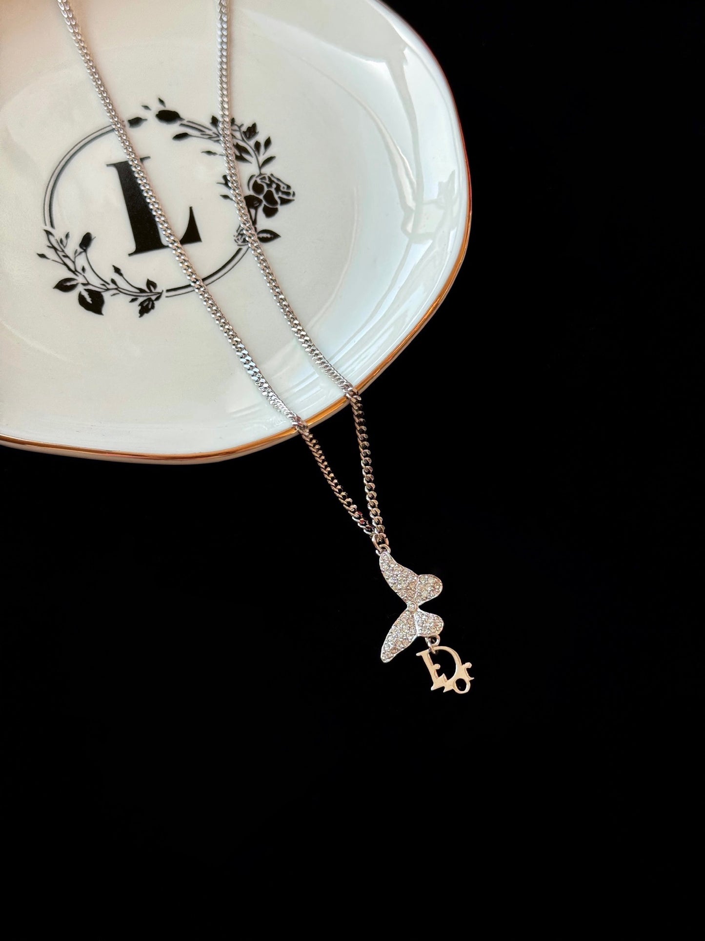 Dior Vintage Crystal Butterfly “D” Charm Necklace