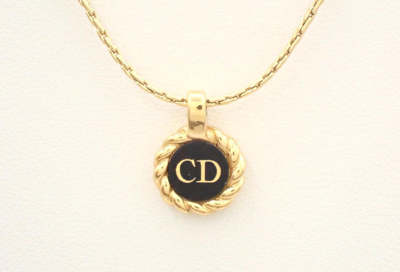 Dior Black Enamel CD Medallion Necklace – Gold Tone