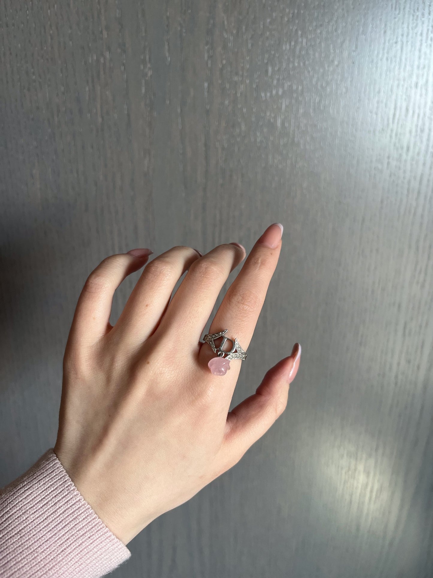 Vintage Dior Crystal Logo Ring with Pink Charm – Silver Tone