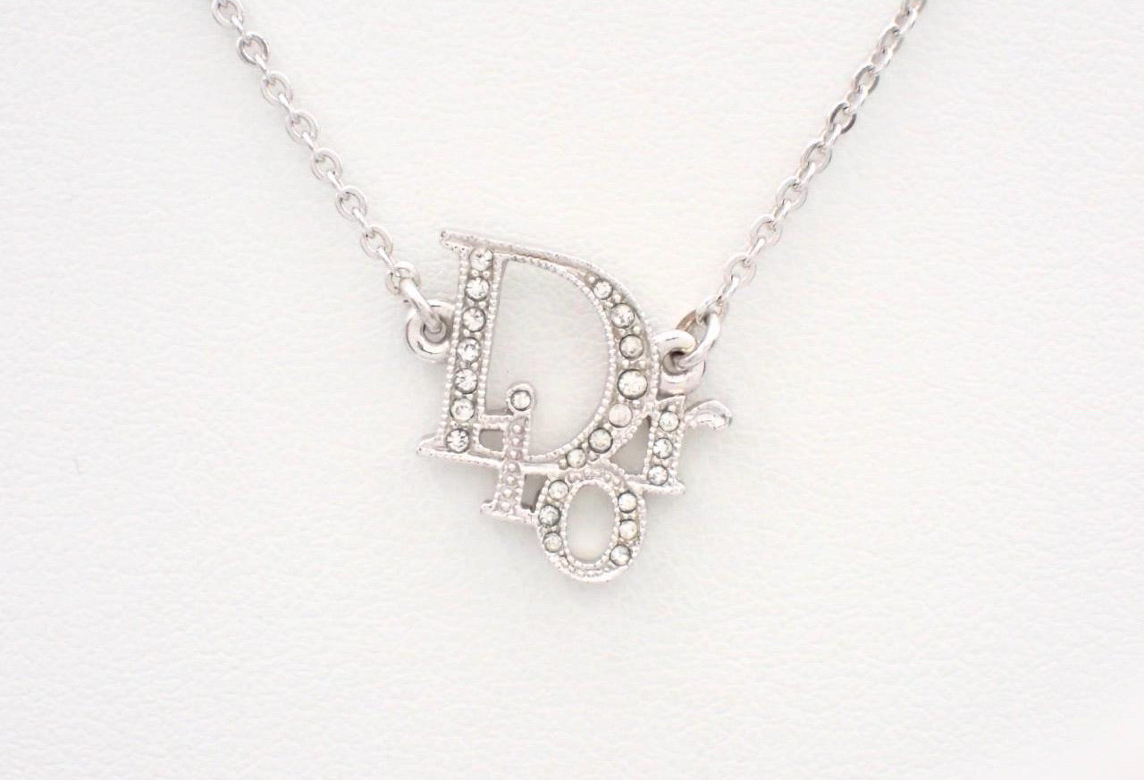Dior Silver-Tone Rhinestone Logo Necklace