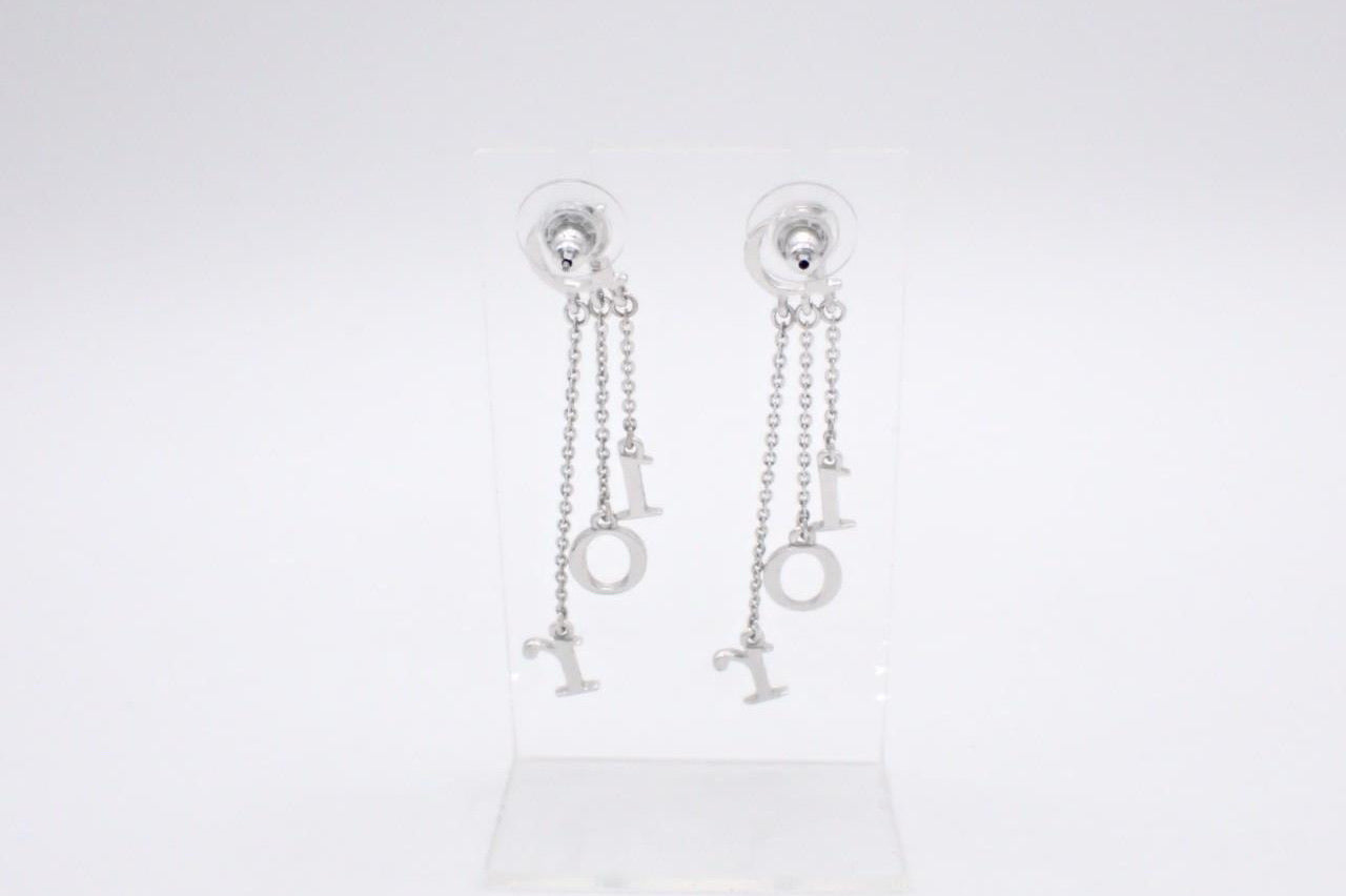 Vintage Dior Logo Letter Chain Drop Earrings – Silver Tone