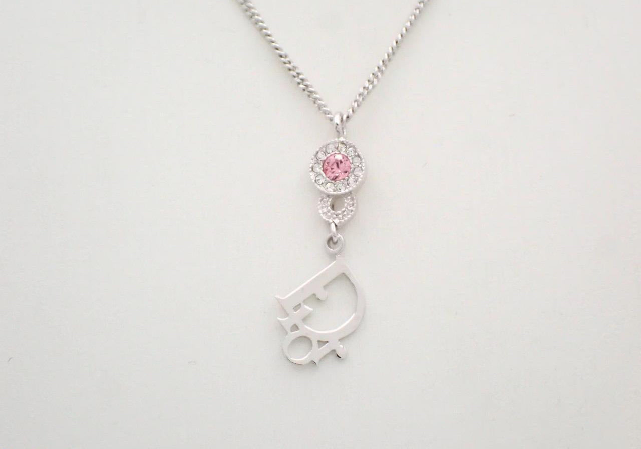 Dior Pink Crystal CD Logo Drop Necklace – Silver Tone