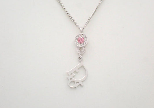 Dior Pink Crystal CD Logo Drop Necklace – Silver Tone