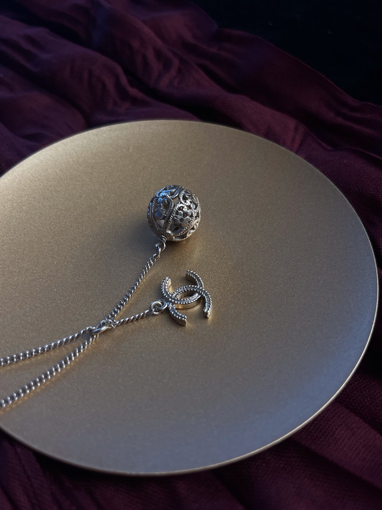 Chanel 2006 Champagne-Gold Filigree Sphere & CC Charm Necklace