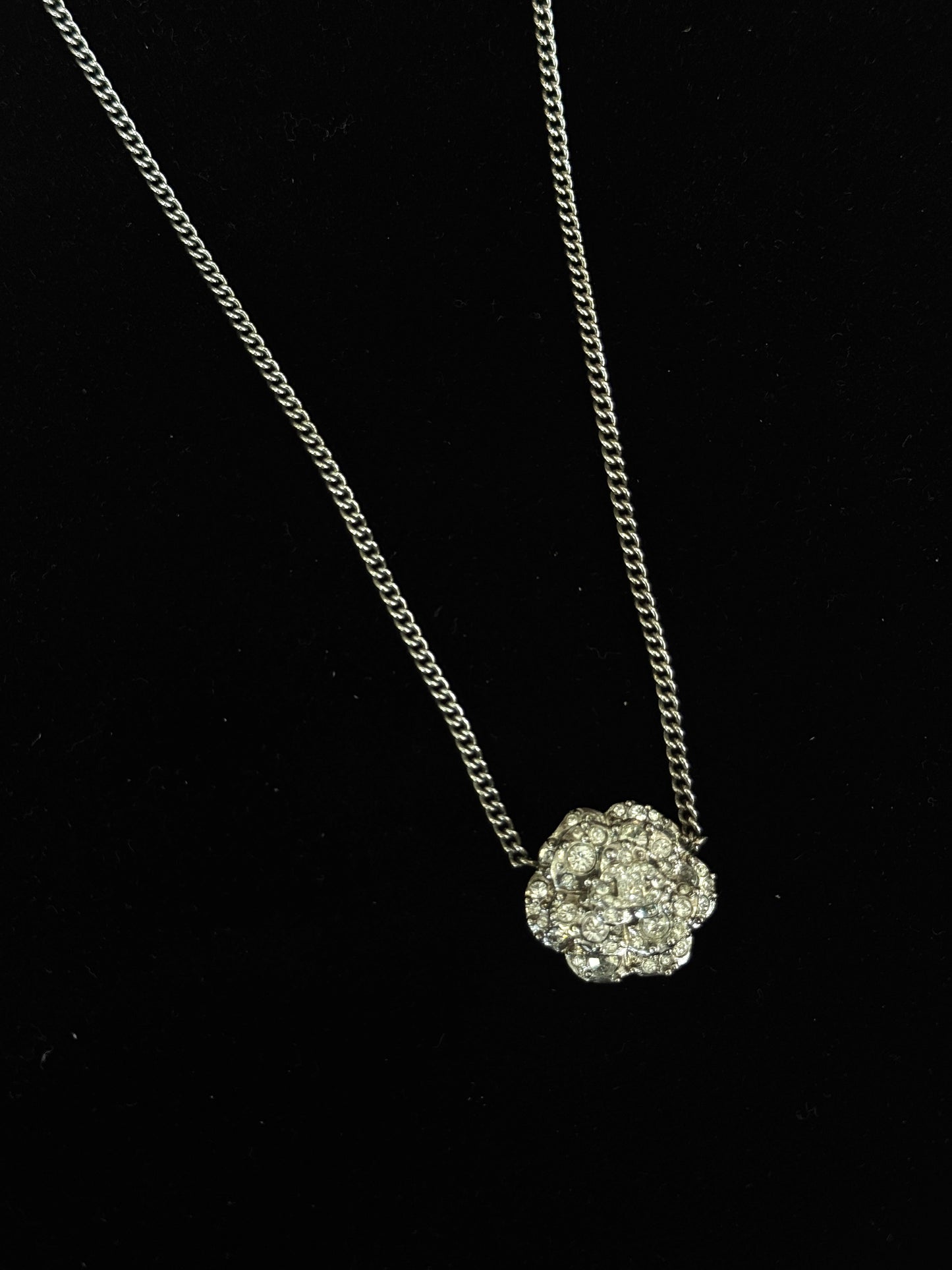Chanel Vintage “Silver Camellia” Crystal Pendant Necklace