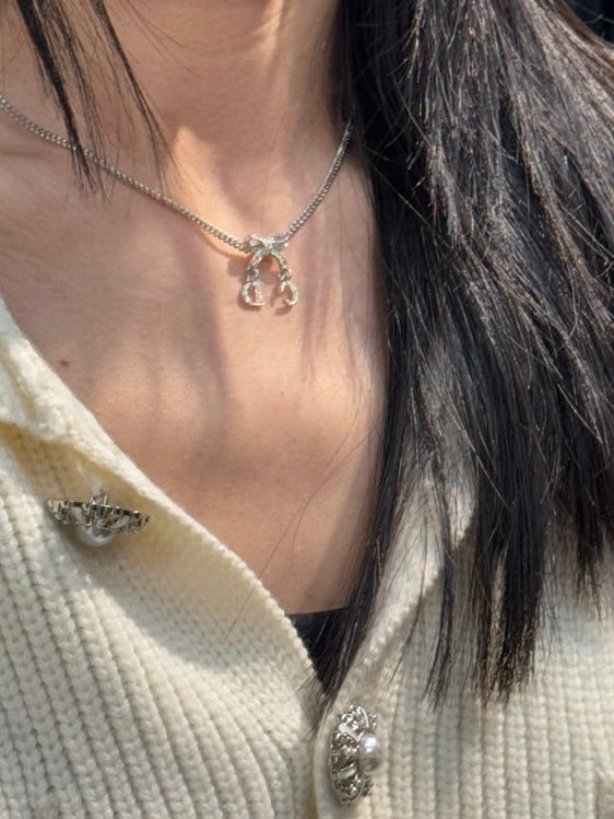 Dior Crystal Bow CD Charm Pendant Necklace