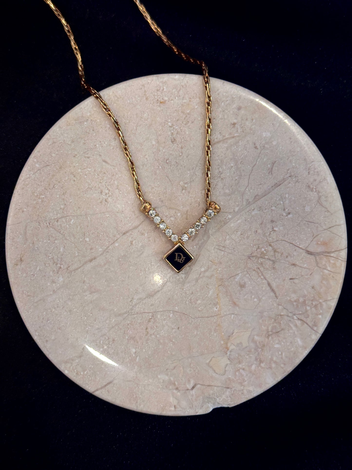 Dior Vintage Crystal V Pendant Necklace (Gold Tone)