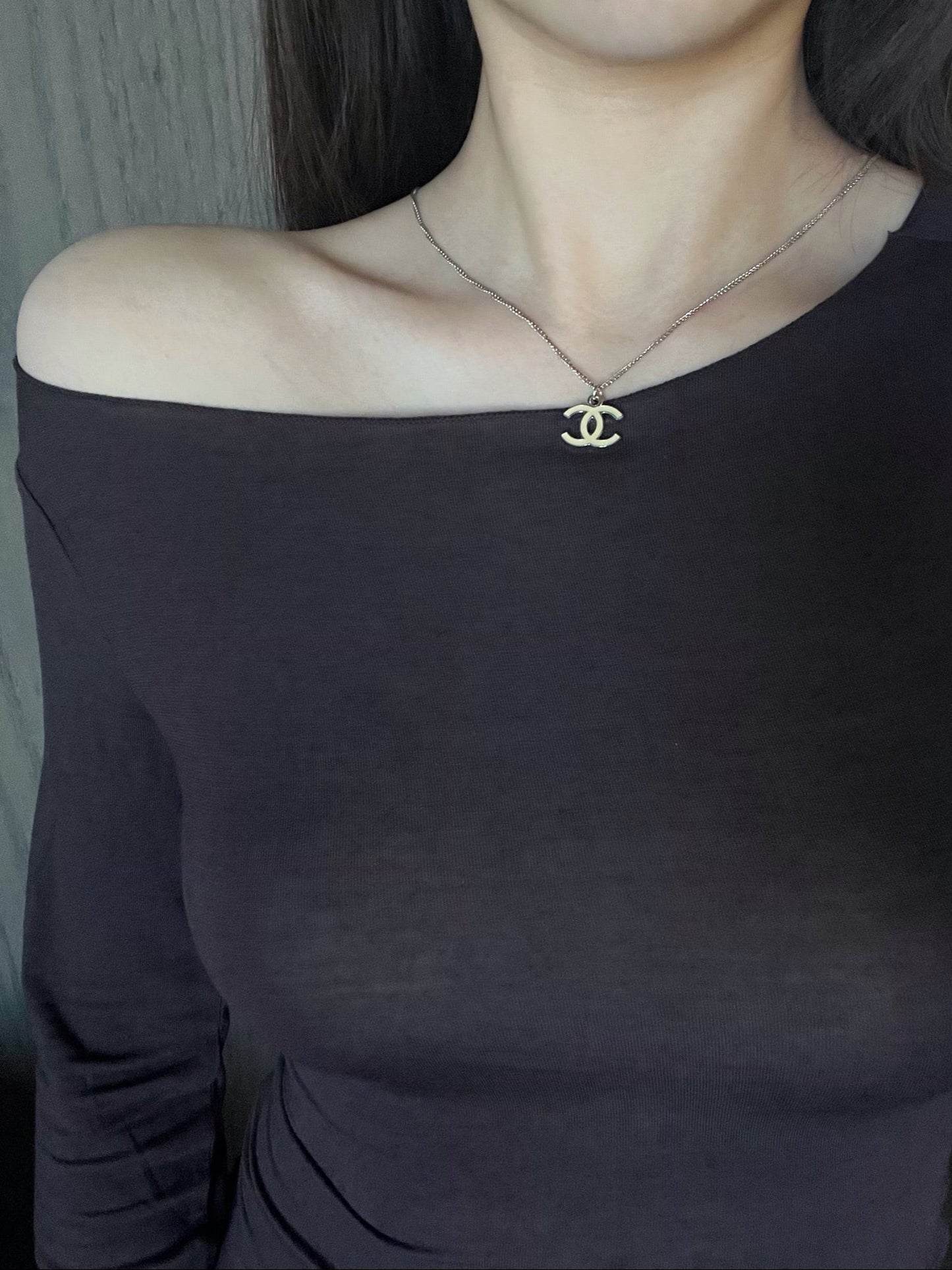 Chanel 2005 Ivory Enamel Double-C Pendant Necklace in Silver-Tone