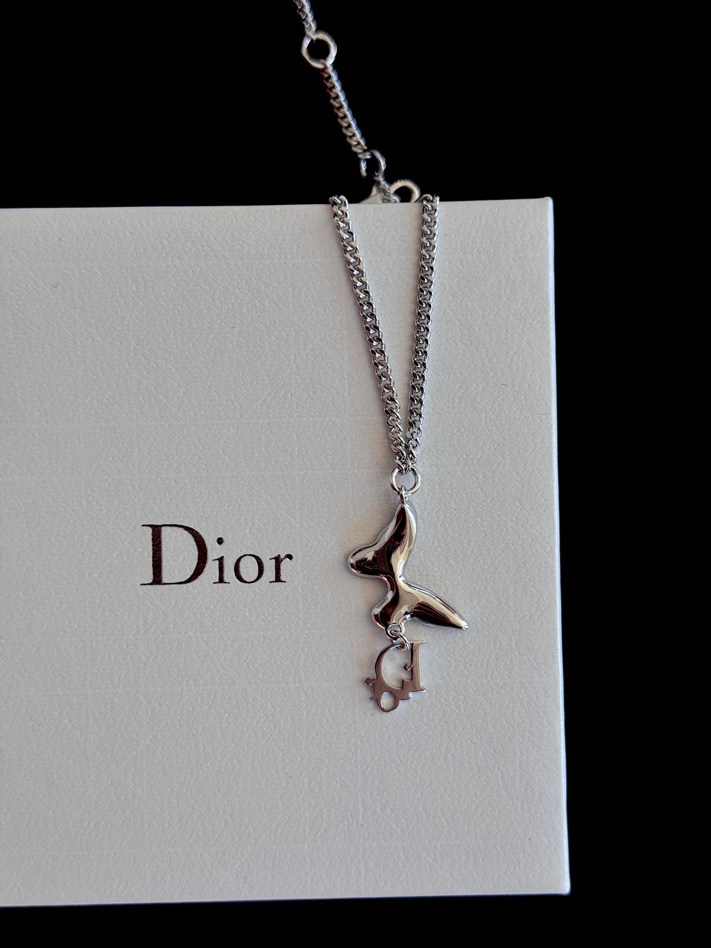 Dior Vintage Crystal Butterfly “D” Charm Necklace