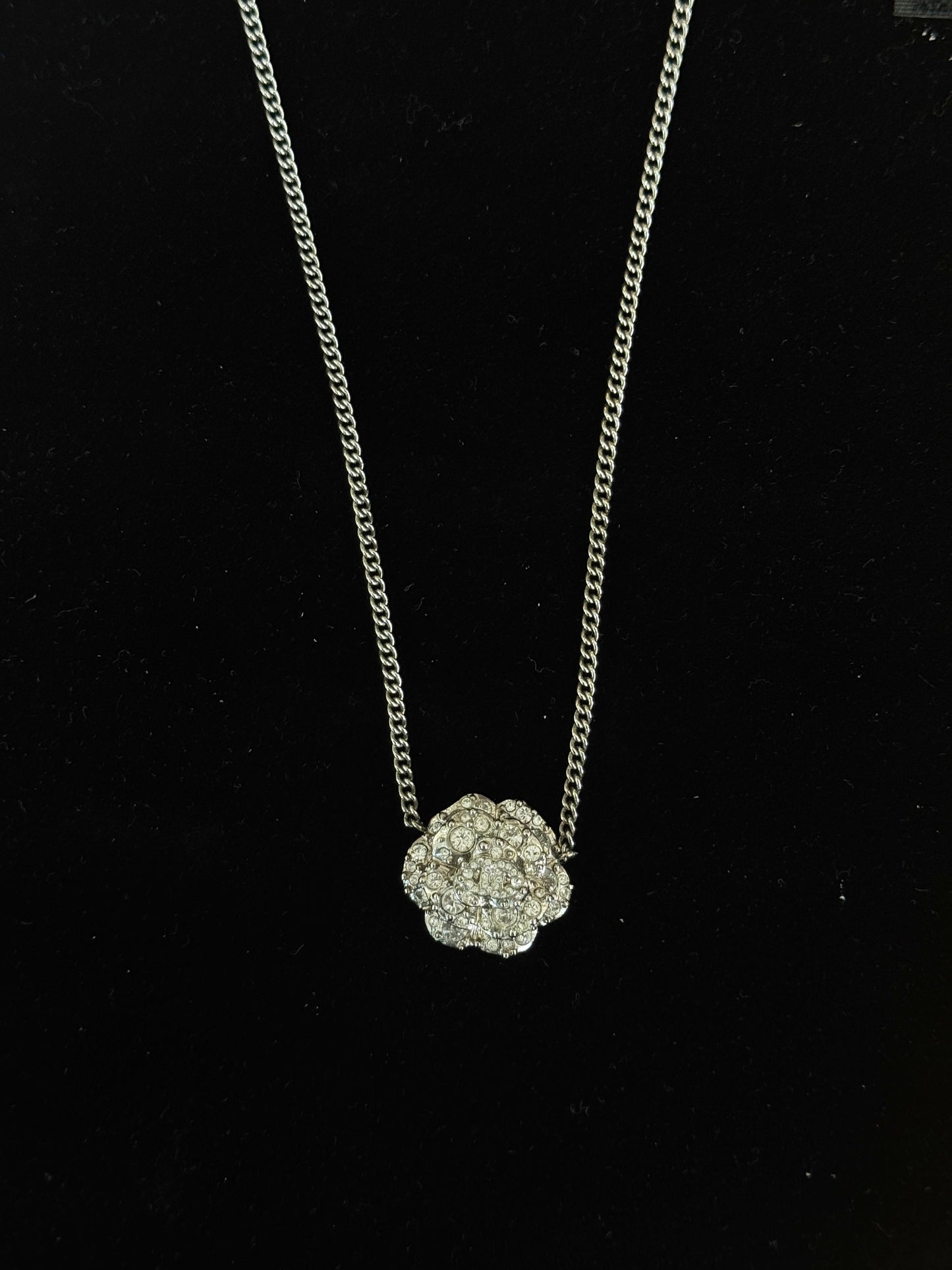 Chanel Vintage “Silver Camellia” Crystal Pendant Necklace