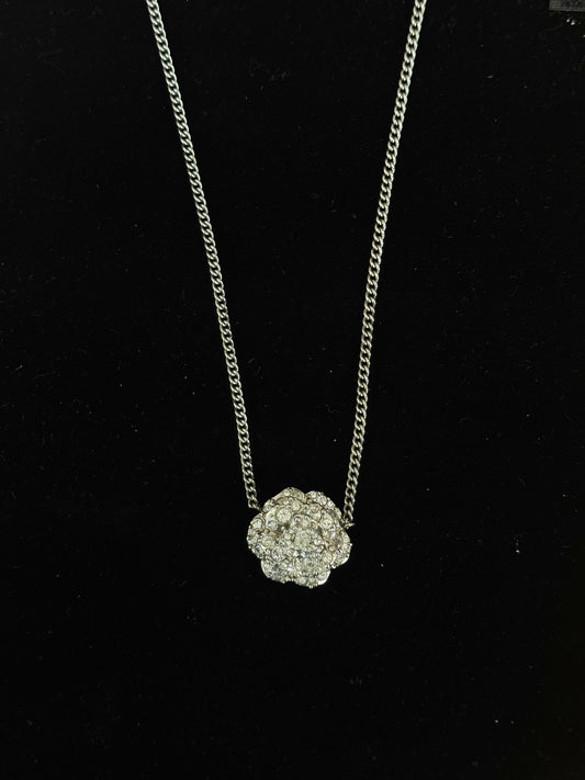 Chanel Vintage “Silver Camellia” Crystal Pendant Necklace